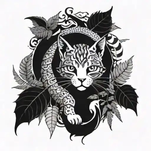Gothic Cat And Dragon With Leafs And Ferns