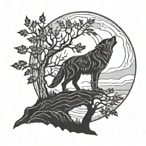 A Wolf Howling At The Moon With A Tree Behind