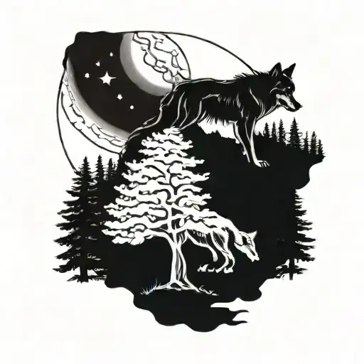 A Wolf Below Tree With The Moon