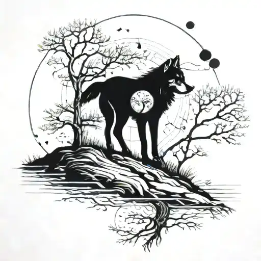 A Wolf Below Tree With The Moon Phases
