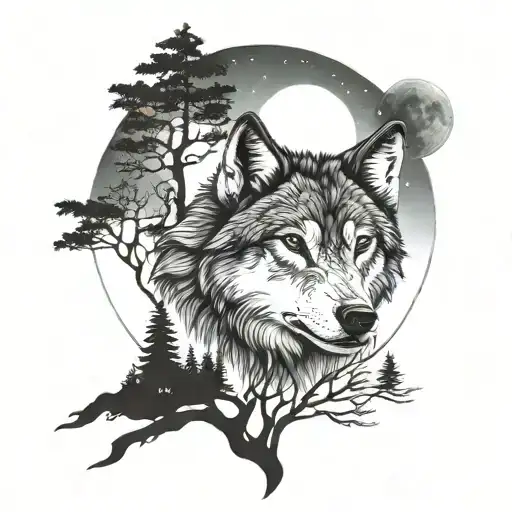 Wolf Face Above One Tree And Moon Phases