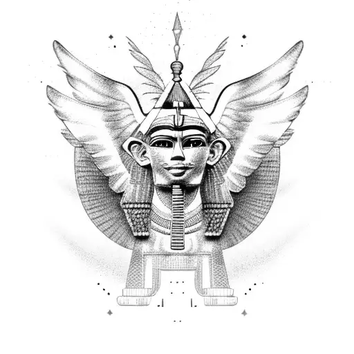 Half Egyptian And Half Aztec Winged Sphinx In Front Of Pyramids