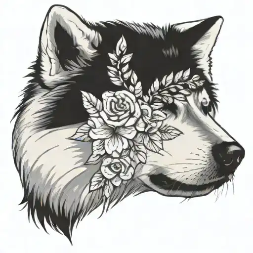 A White Alaskan Malamute Wearing A Flower Crown