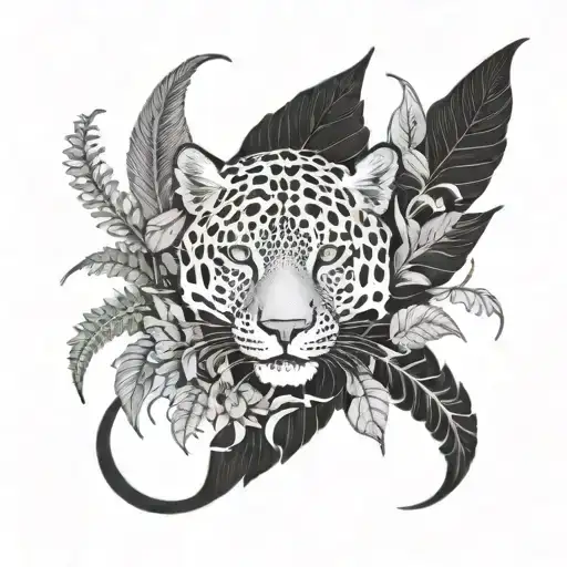 Gothic Jaguar And Dragon With Leafs And Ferns And Birds