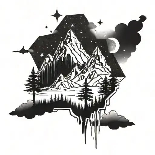 Forest River Mountains Sky With Stars