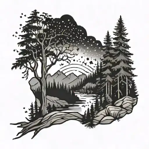 Large Forest River Mountains Light Sky With Stars