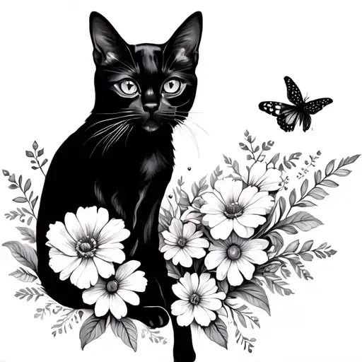 Black Cat Surrounded By Flowers And Butterflies