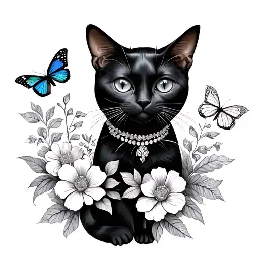 Black Cat Surrounded By Flowers And Butterflies