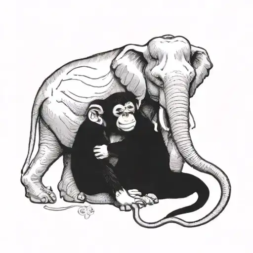 Monkey Hugging Elephant And Cow