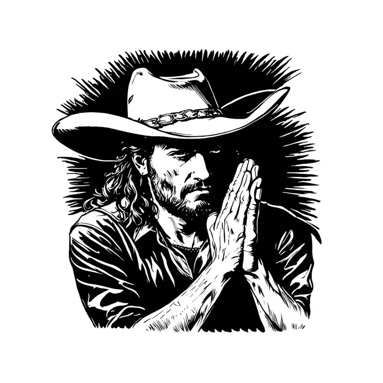 Praying Cowboy At The Cross Line Art Style