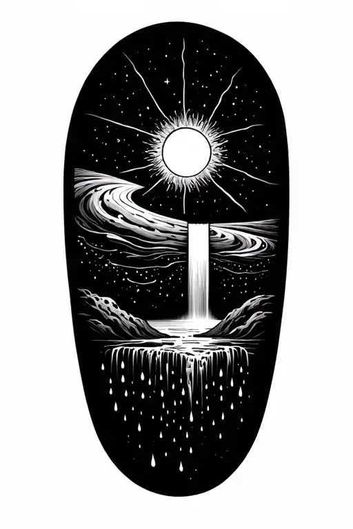 A Sun Flowing Into A Universe That Turns Into A Waterfall With Rain Drops At The Bottom