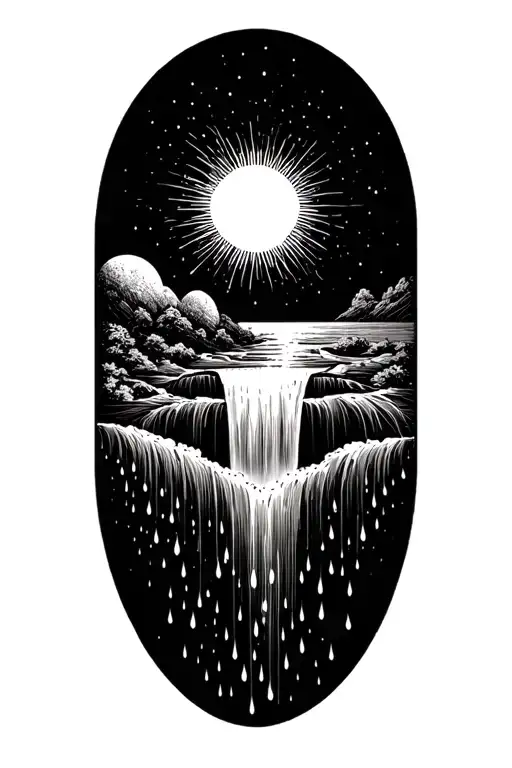 A Sun Flowing Into A Universe That Turns Into A Waterfall With Rain Drops At The Bottom