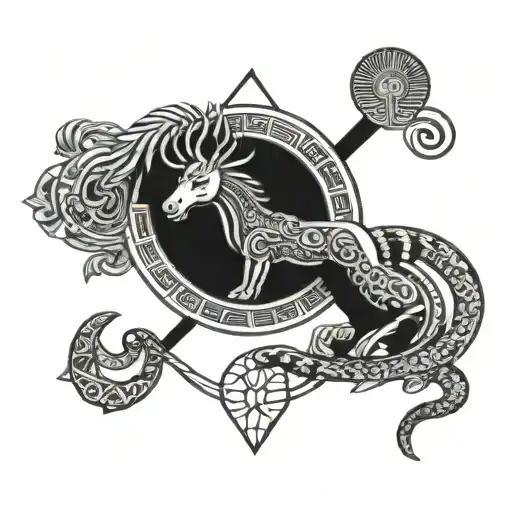 A Unique Blend Of Greek And Egyptian Mythology Symbols With A Sketch Style