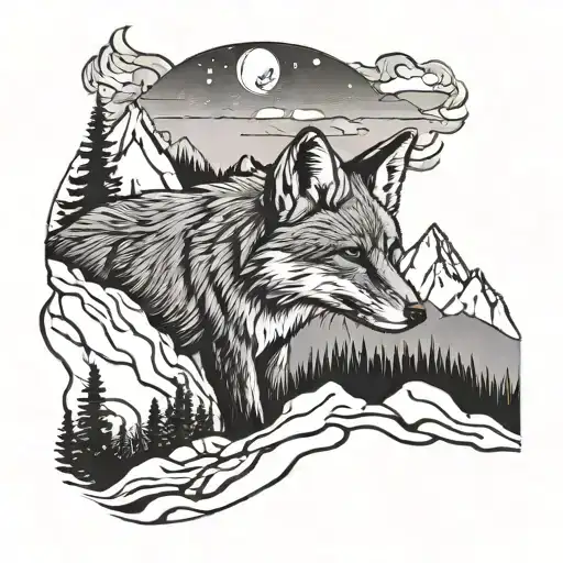 Fox In Mountain Landscape Black Grey