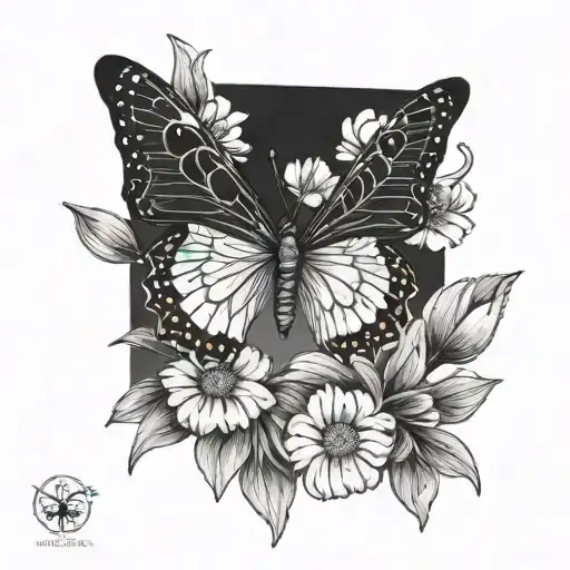 Butterfly With Carnation And Daisy At The Wings