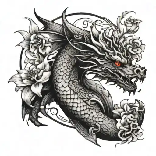 Dragon Surronded By Flowers And Moon