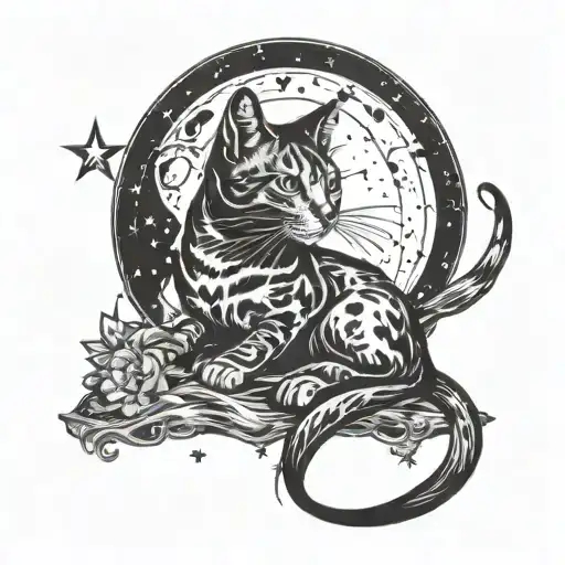 Tattoo Of A Cat Sitting On The Moon Looking Up At The Sky With The Taurus Constellation Symbol
