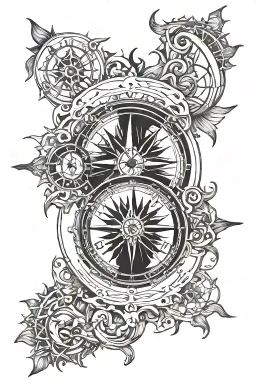 Clock Compass Combined Sun Moon Surrounded
