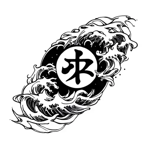 Japanese Symbol For Water Surrounded By Waves Of Water