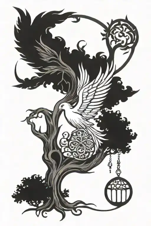 Tree Of Life Intertwined With A Pheonix Gaurding