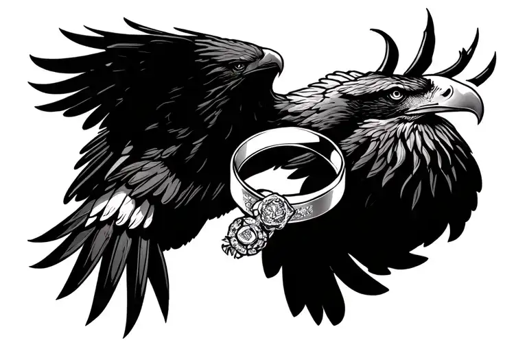 One Flying Eagle Holding Interlocking Wedding Rings