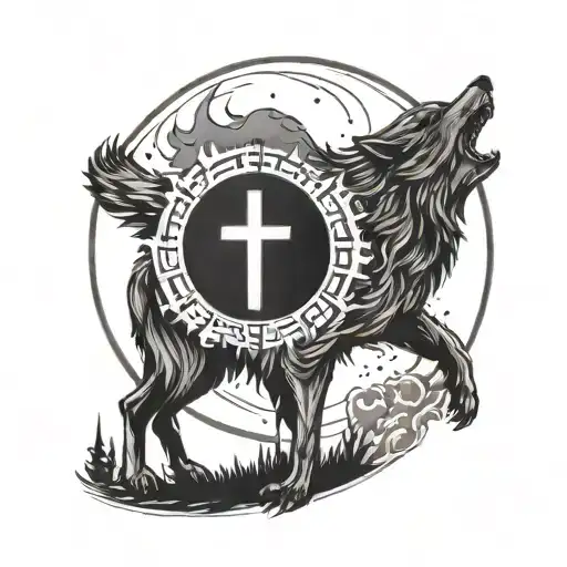 A Fierce Wolf Howling At The Moon With A Cross Integrated Into The Design