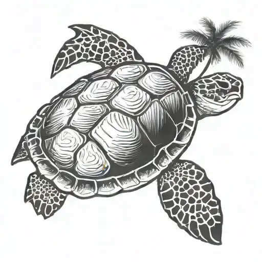 Sea Turtle With Palm Tree On Back