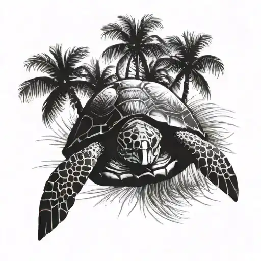Sea Turtle With Palm Tree Growing On Back