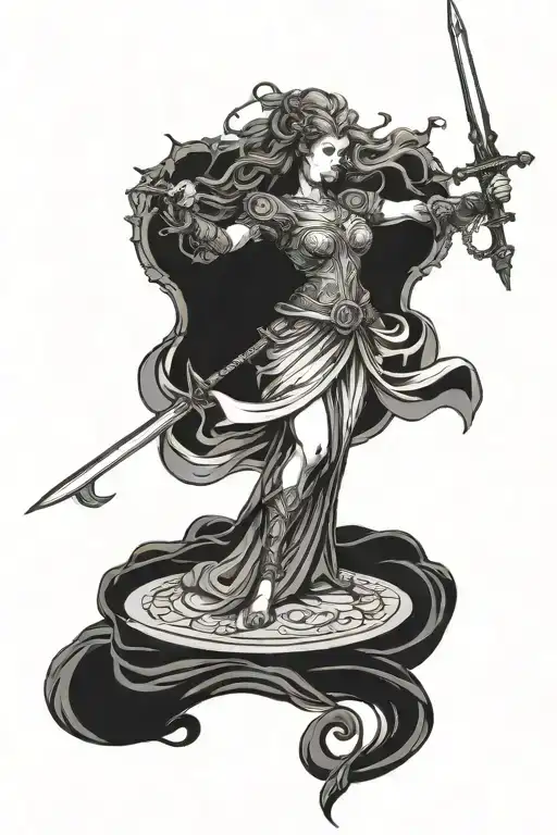 Statue Of A Girl In A Dress And With A Sword