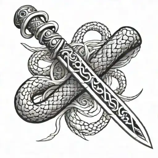 Katana Sword Wrapped With A Snake Intertwined