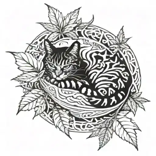 A Sleeping Cat Curled Up In A Marijuana Leaf Hammock