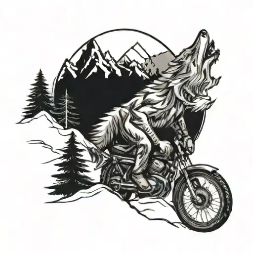 Wolf On A Mountain With Forest And Trail And On The Trail A Motorcycle