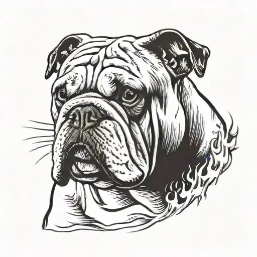 Old English Bulldog No Color Flames Arm Tattoo Right Side Front Upper A