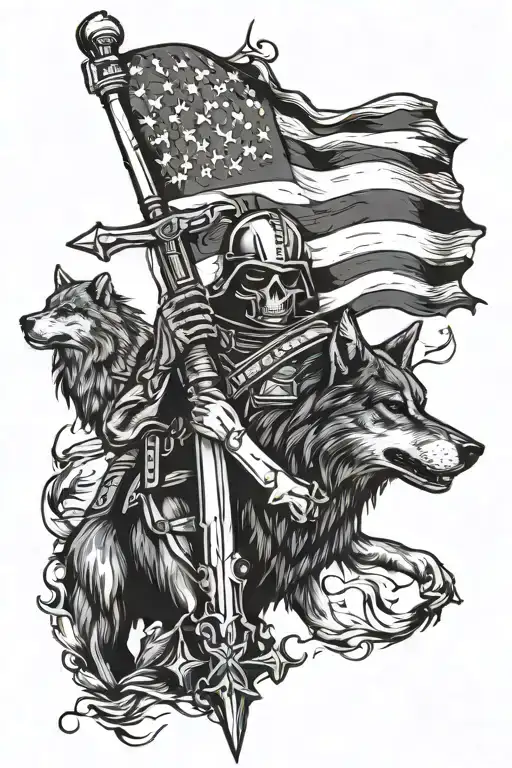 Cross American Flag Dead Soldier And Black Wolf