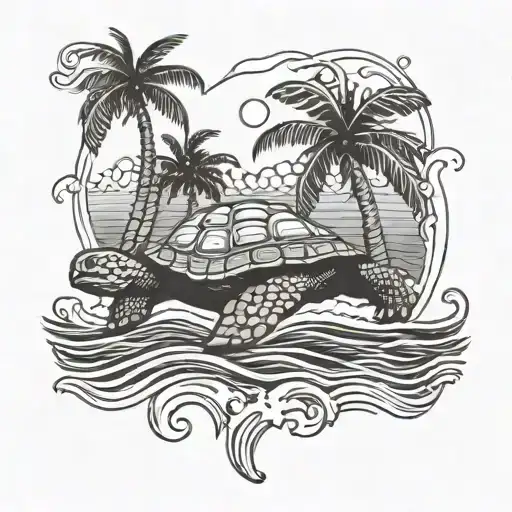 Beach With Palm Trees And Sea Turtle And Waves