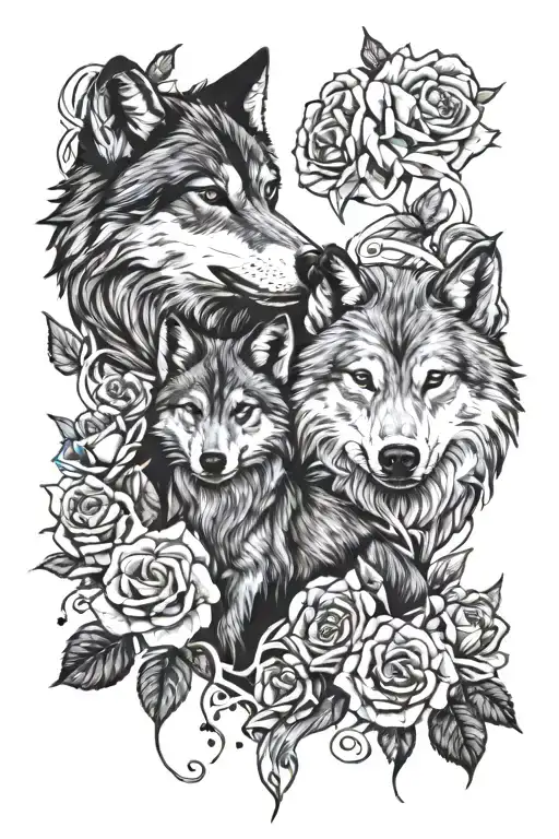 Wolf And Cubs Intertwined With Roses