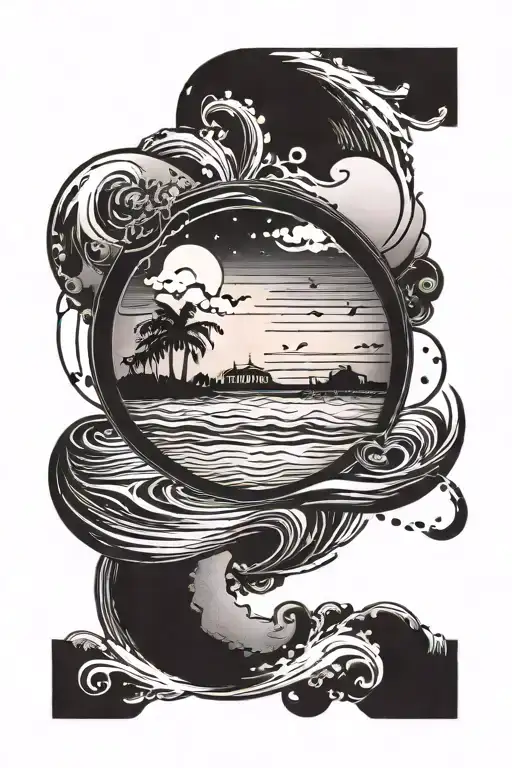 A Round Tattoo That In Left Side There Is A Beach And Sand And The Right Side Disk Of Music