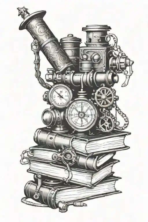 Steampunk Inspired Stack Of Books With Compass And Monocular