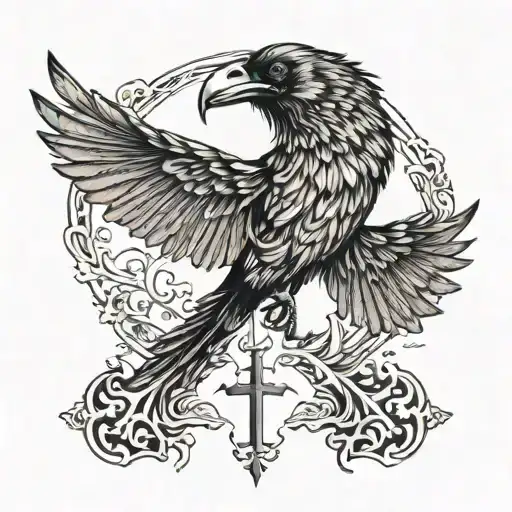 Crow Flying With Cross On Its Chest