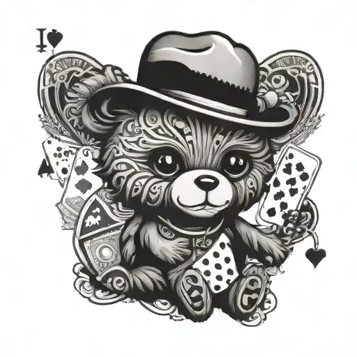 Female Voodoo Teddy Bear Wearing A Rogue Hat Surrounded By Playing Cards Hearts