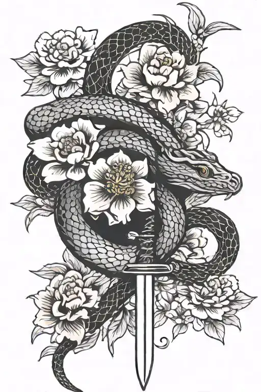 Snake And Sword And Japanese Flower Blooming