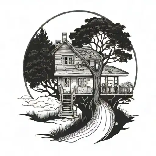 Road To Life Tree Under House Surrounded Fool Moon