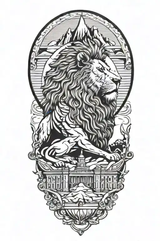 Marcus Aurelius And A Lion Looking Up At A Mountain Range