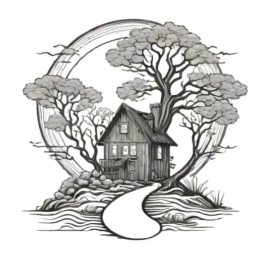 Road To Life Of Tree Under House Surrounded Fool Moon