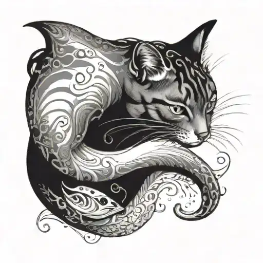 A Cat Which Hugs And Kisses A Dolphin On The Cheek From A Side View