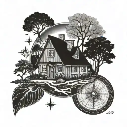 Stone Road To Oak Life Of Tree Under Family House Surrounded Rune Compass