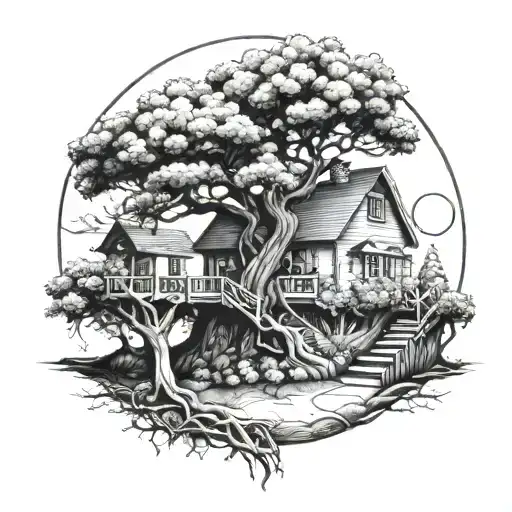 Road To Life Tree Under House Surrounded Fool Moon Rose