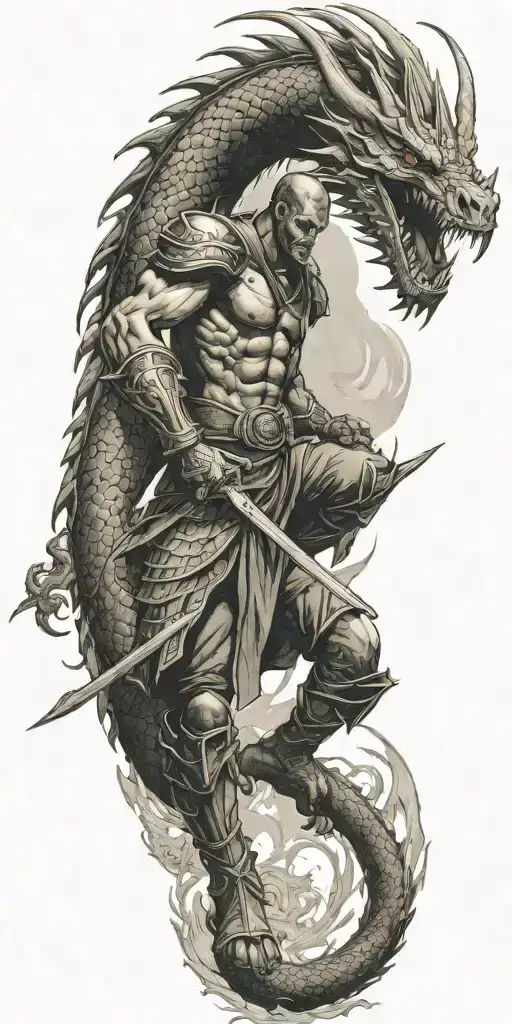 Warrior Battling A Dragon Tattoo Design Featuring