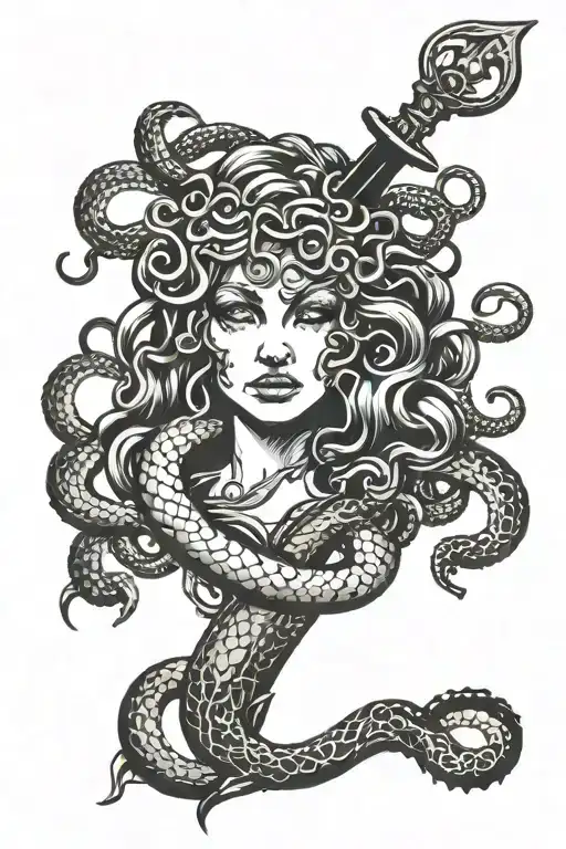 Blackwork Medusa Crying Blood Sword Snake