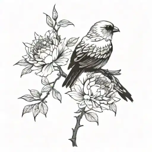 Peony Flower And Birds Growing Same Branch